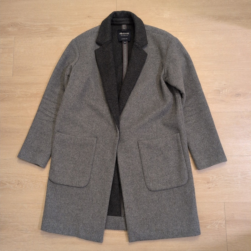 Madewell Women XS Two-Tone Grey Wool Blend Notch Lapel Open Front Coat Charcoal